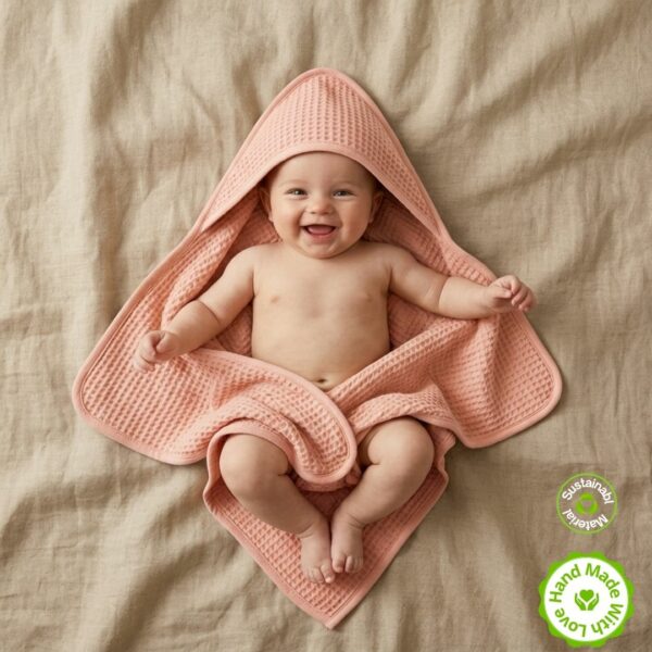 Cape de bain bébé vieux rose en coton gaufré nid d'abeille et teinture végétale naturelle par Linen Color.