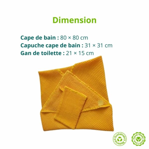 Cape de bain + gant de toilette - 100% coton - teinture botanique 100 % naturel- couleur jaune (4) Cape de bain + gant de toilette - 100% coton - teinture botanique 100 % naturel