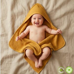 Cape de bain bébé en coton gaufré nid d’abeille lilas jaune avec gant de toilette assorti et teinture végétale naturelle
